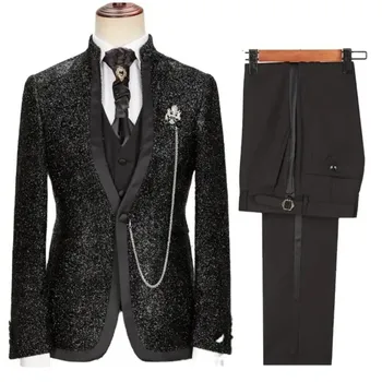Черен мъжки костюм, 3 предмет, яка-часова, костюм на един пуговице, Мъжки бизнес работни облекла, Булчински блейзър за младоженеца, жилетка, Панталони