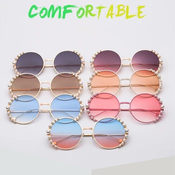 Класически Слънчеви очила с Перли, подходящи за всеки повод, Подходящ за различни случаи, Кръгли Слънчеви очила в златна рамка Сив цвят