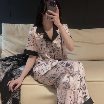 QSROCIO/Дамски Пролетно-лятна Копринени пижами, Луксозни Черни панталони с къс ръкав в цветенце, Комплект от две части, Ежедневни домашно облекло