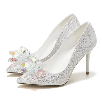 Луксозни сватбени обувки с декорация във формата на Пепеляшка и страз на висок ток с остър пръсти, женски сватбени обувки с пайети в бял цвят