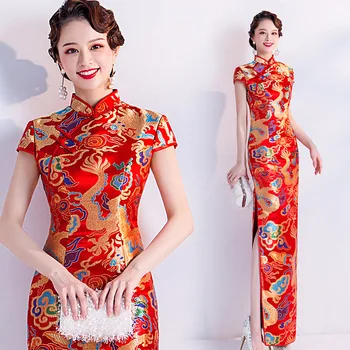 Жена Чонсам с дракон в китайски стил, сексуална, коварен вечерна рокля с принтом, на традиционното женско концерта, рокли Ципао 3XL