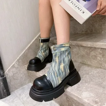 Дамски ботуши до средата на прасците, Дамски обувки, Луксозни Дизайнерски Обувки джоб с Кръгло Бомбе, Дамская Модни Ковбойская обувки в стил 