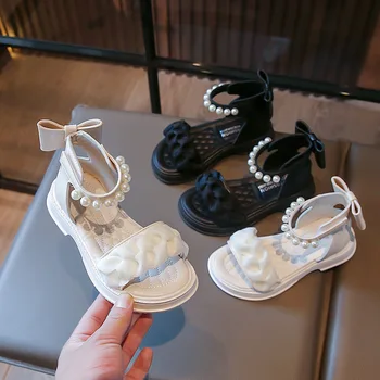 Дантелени детски сандали за момичета 2023 Модерни детски обувки с мъниста и лък, детски плажни обувки на равна подметка, летни сандали Принцеси за момичета