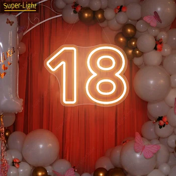 Голяма неонова реклама с височина 60 см с номер 18, декорация за рожден ден, led светещи табели, за декорация на партита, лампа с номер 18, подарък за 18-ия рожден ден