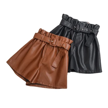 Дамски къси панталони с талия, универсални обикновена Свободни ежедневни панталони, Дамски шик модни къси Панталони от изкуствена кожа 2023, Реколта високи
