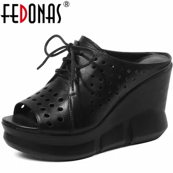 FEDONAS/ Дамски чехли на много високо танкеточном ток; Сезон Пролет-лято; Обувки-лодка от естествена кожа; Модерен офис сандали с отворени пръсти;