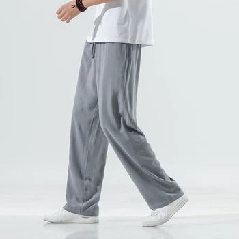 Мъжки летни директни ленени панталони с висока засаждане, традиционен китайски костюм в стил Тан, ежедневни панталони, мъжки обикновена спортни панталони за прибиране на реколтата