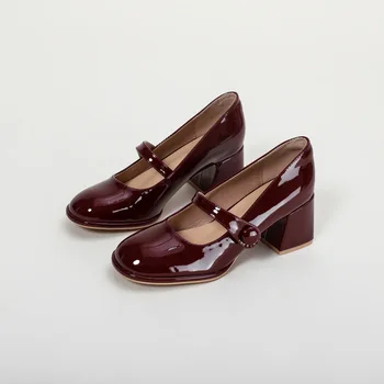 Кожени обувки Хепбърн с кръгла пръсти във френски стил, Червени обувки на Мери Джейн в стил ретро, Дамски тънки обувки от лачена кожа на дебелите ток