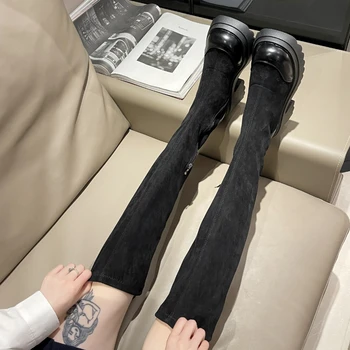 Черни дълги ботуши, Дамски кожени луксозни дизайнерски обувки за жени, новост 2023 г., Елегантни ботуши над коляното на платформата, женски ботуши на висок ток
