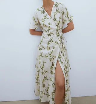 Жена минималистичное модно рокля с принтом листа, ново дълго издание Началото на есента
