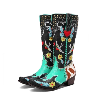 Дамски високи ботуши до коляното в ретро стил с бродирани нитове; Модерен ръчно реколта бродерия; цветни зимни обувки 