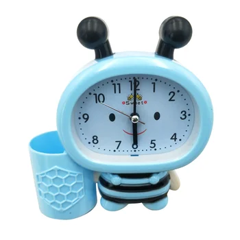 1 бр. Модерен настолен цифров алармен часовник във формата на пчелите със звуков контрол, Държач за химикалки температура Без (синьо небе)