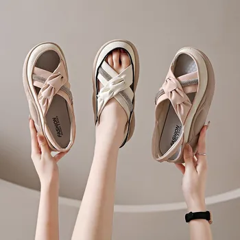 Дамски сандали, без съединителни 2023, нови Летни сандали с малките пръсти на дебела подметка, ежедневни плажни обувки в стил ретро