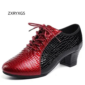 ZXRYXGS, Дамски танцови обувки от телешка кожа splice, 2023, Нови модни Мрежести дишащи сандали, Летни обувки на висок ток 3,5/5 см