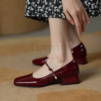 Дамски обувки Mary Janes/ Нови висококачествени обувки-лодка; модел обувки на нисък ток с квадратни пръсти и неглубоким каишка и катарама; Дамски обувки;